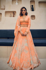 Apricot abstract floral print embroidered lehenga set