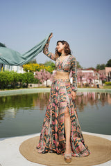 Multi coloured geometric print embroidered lehenga set