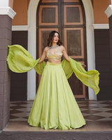 Lime green geometric print embroidered lehenga set