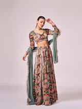 Multi coloured geometric  print lehenga set