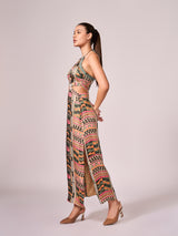 Multi coloured geometric print halter dress