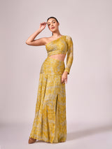 Yellow abstract print long slit dress