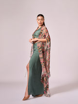 Multi colored geometric print cape, chalk green blouse and skirt set