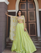 Lime green geometric print embroidered lehenga set