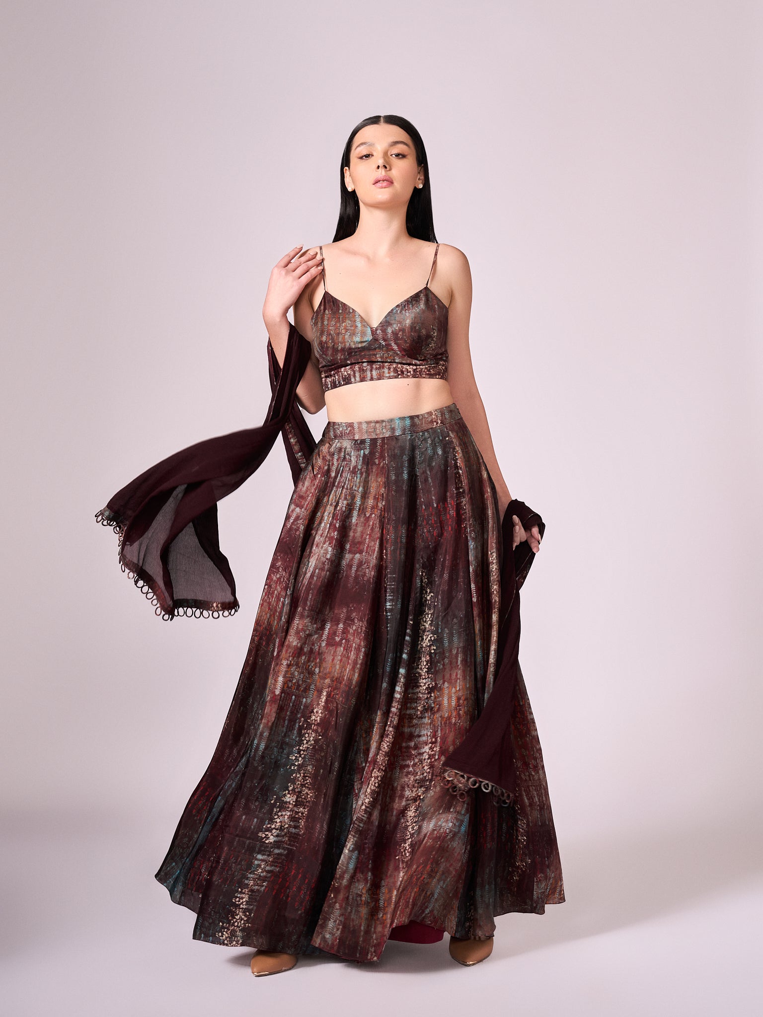 Maroon abstract floral print lehenga set