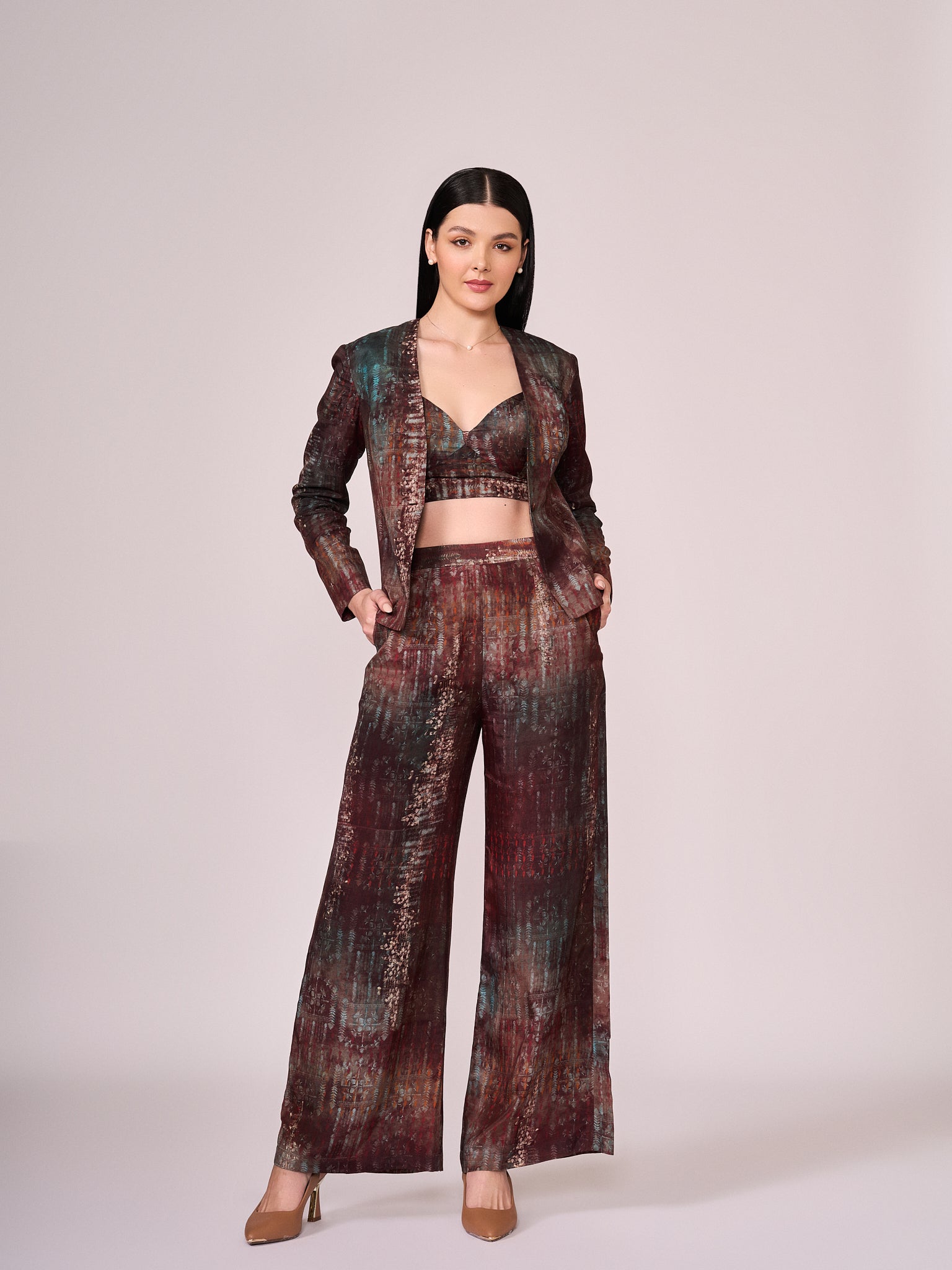 Maroon abstract floral print pant, blouse and jacket set