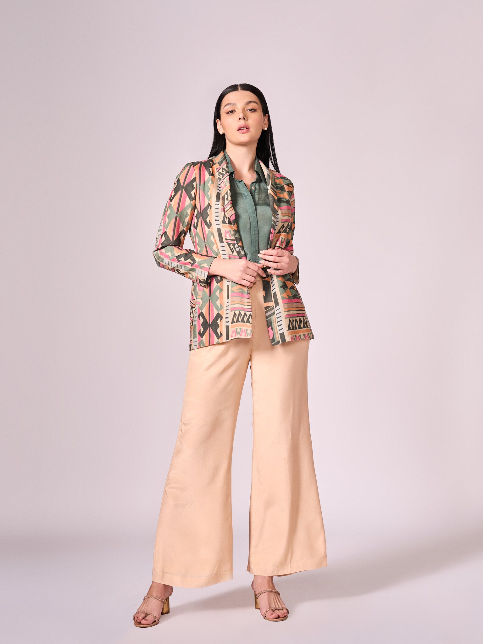 Multi coloured geometric print jacket, chalk green shirt and beige pant set