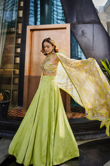 Lime green geometric print embroidered lehenga set