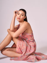 Peach abstract floral print layered  dress