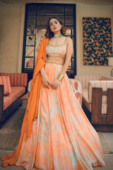 Apricot abstract floral print embroidered lehenga set