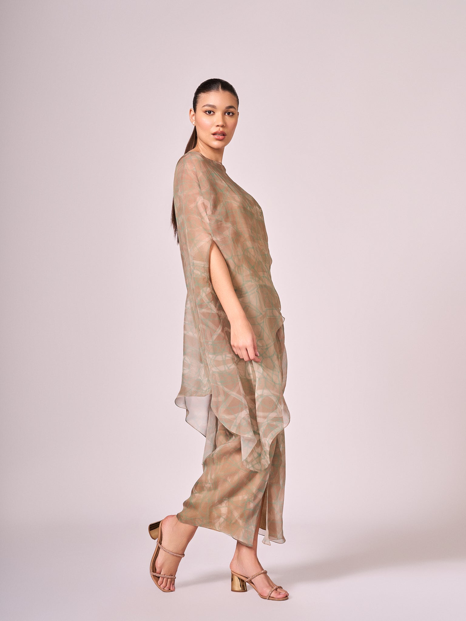 Pearl mouse grey abstract print kaftan top and drape skirt set