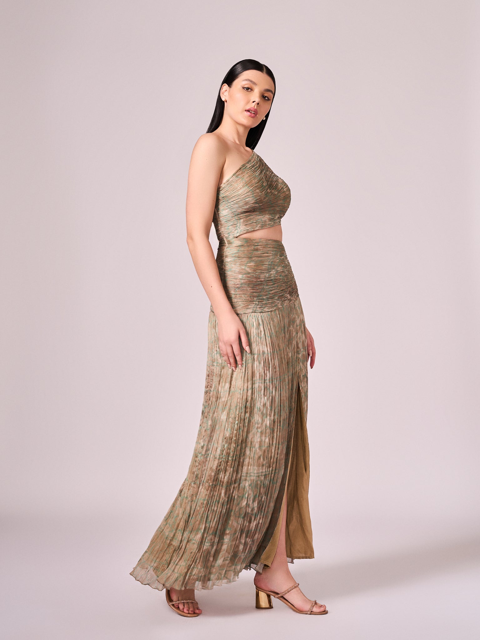 Pearl mouse grey abstract print long slit dress