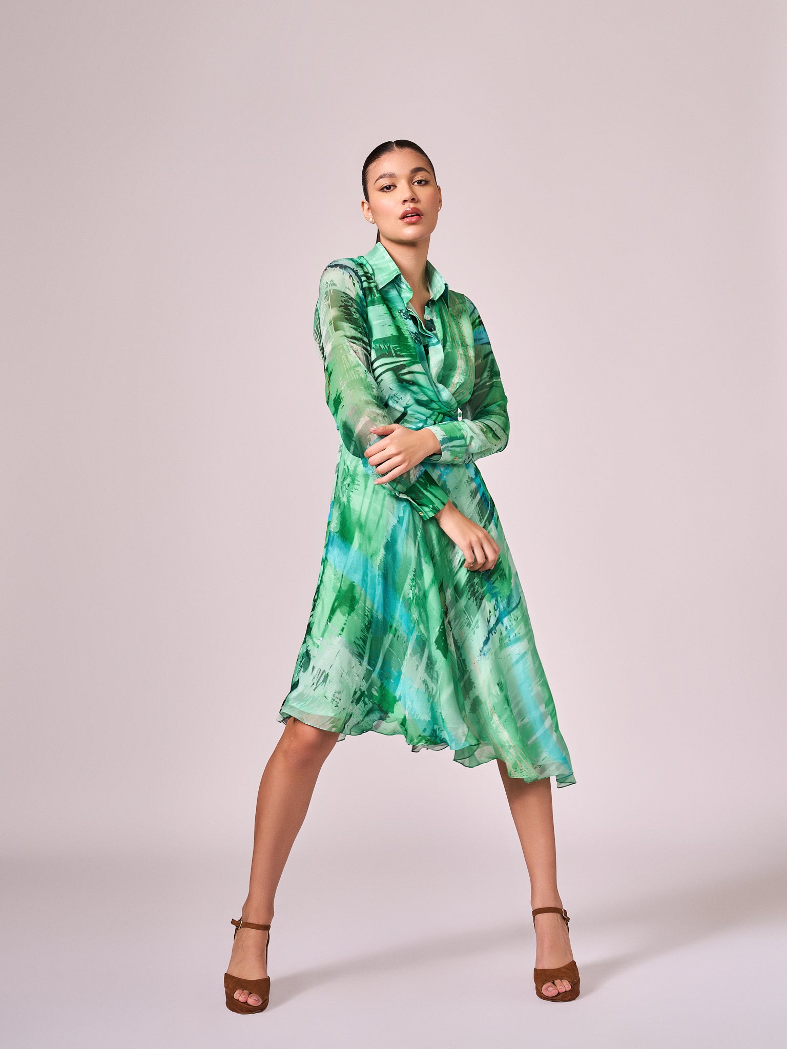 Greens abstract print midi dress