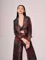 Maroon abstract floral print pant, blouse and jacket set