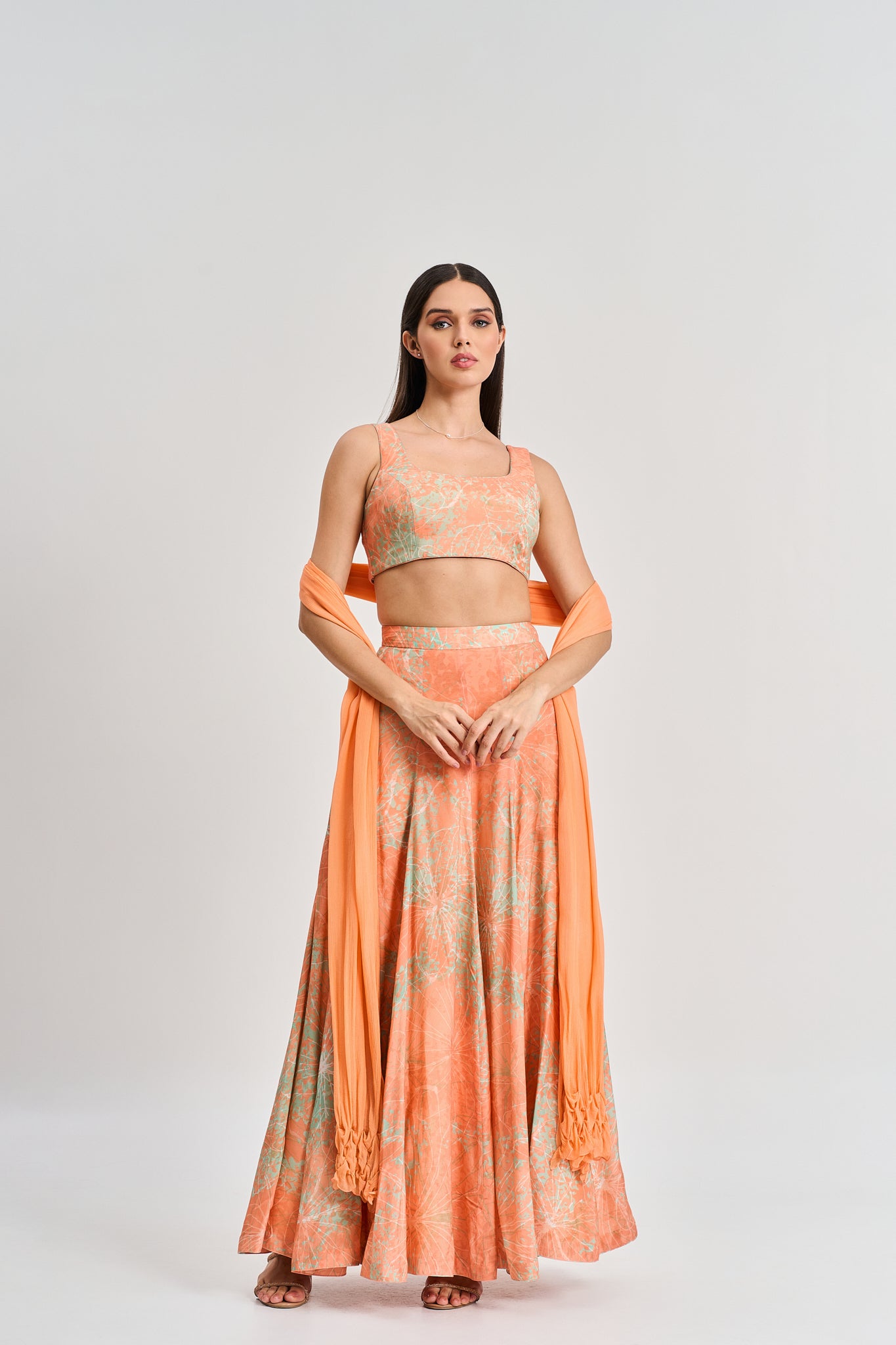 Apricot abstract floral print lehenga set