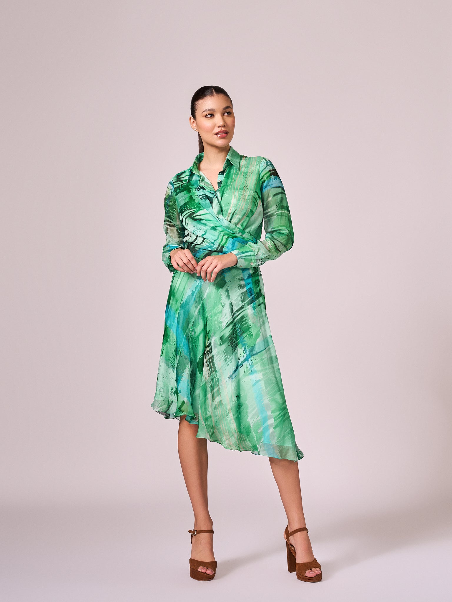 Greens abstract print midi dress