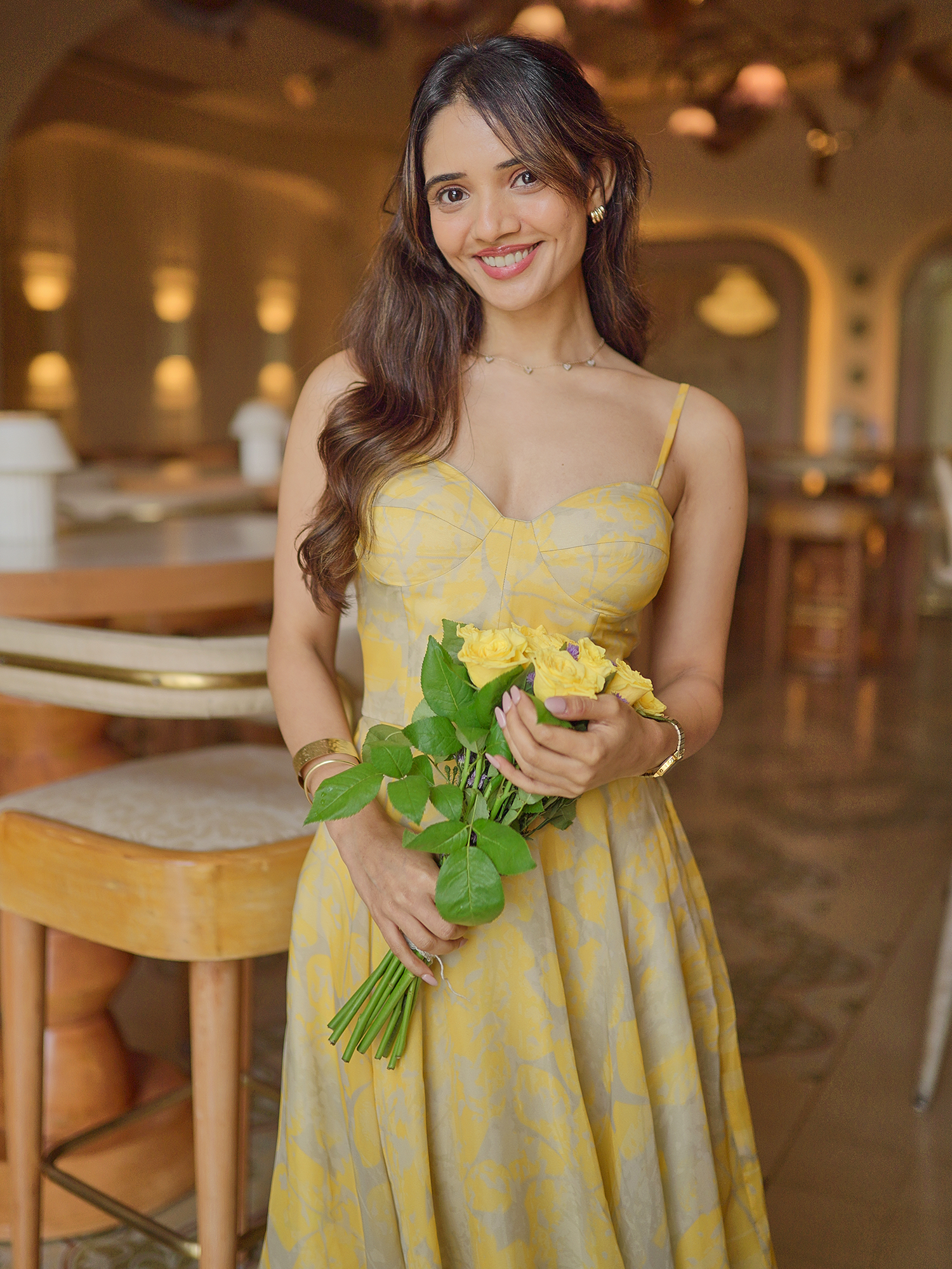 Yellow abstract print short dress