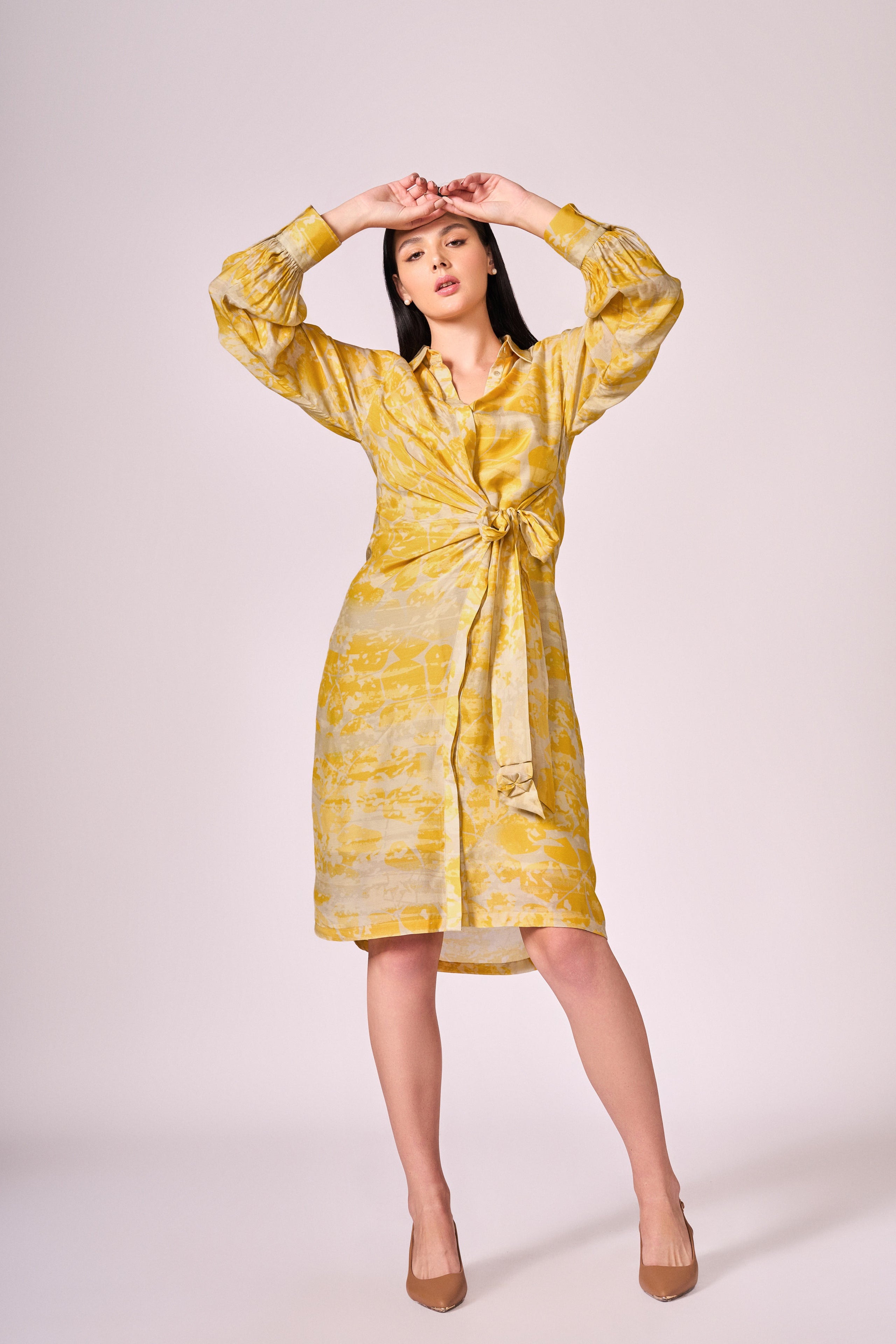 Grey yellow forest print shirt  dress