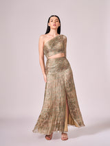 Pearl mouse grey abstract print long slit dress