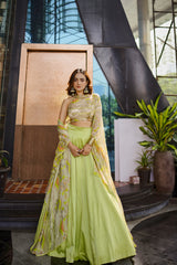 Lime green geometric print embroidered lehenga set