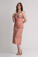 Peach abstract floral print noodle strap midi dress