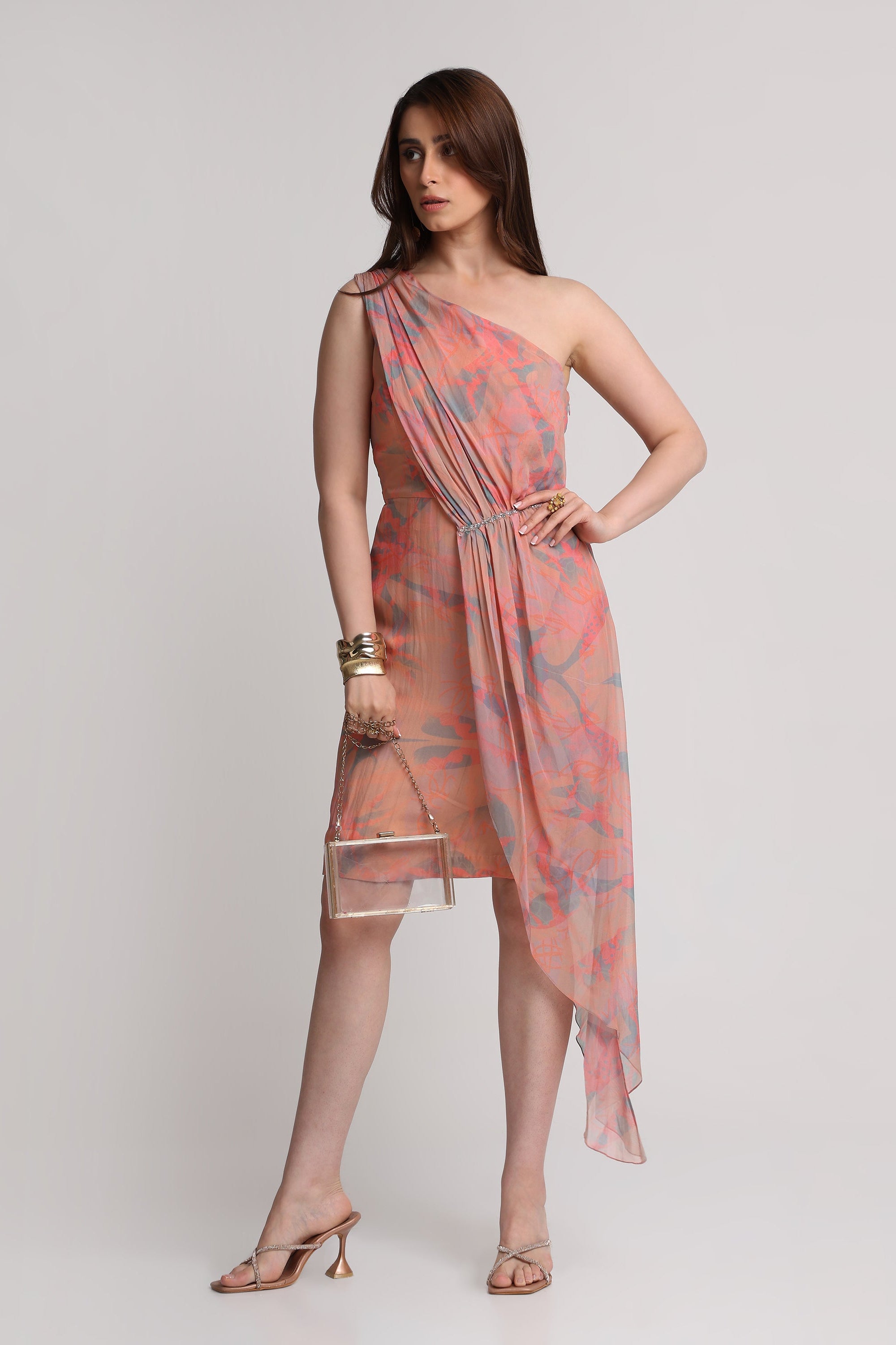 Peach abstract floral print one shoulder short dress