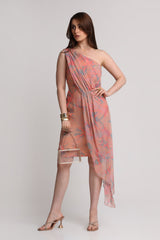 Peach abstract floral print one shoulder short dress