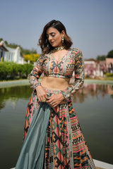 Multi coloured geometric print embroidered lehenga set