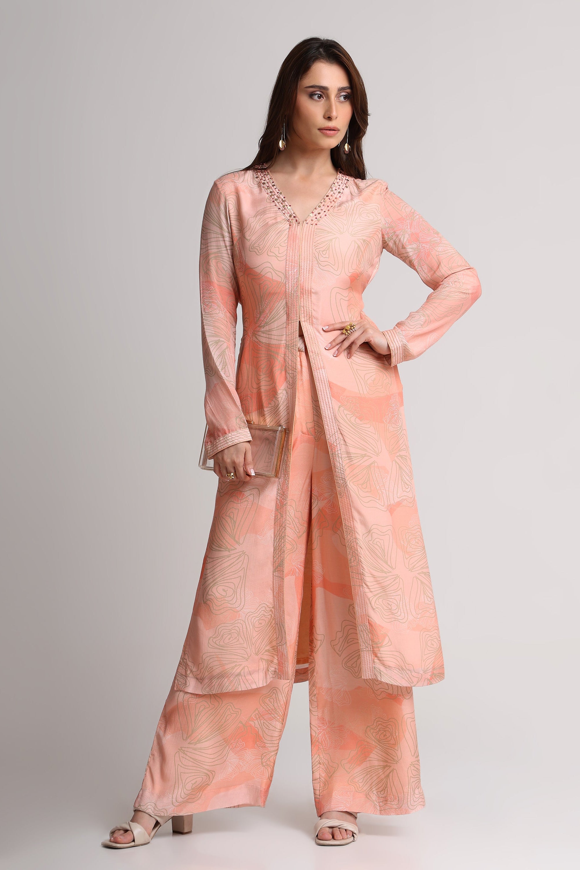 Peach Abstract Floral Lines Print kurta set