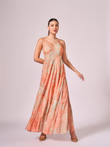 Apricot abstract floral print maxi dress