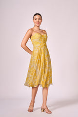 Grey yellow forest print midi dress