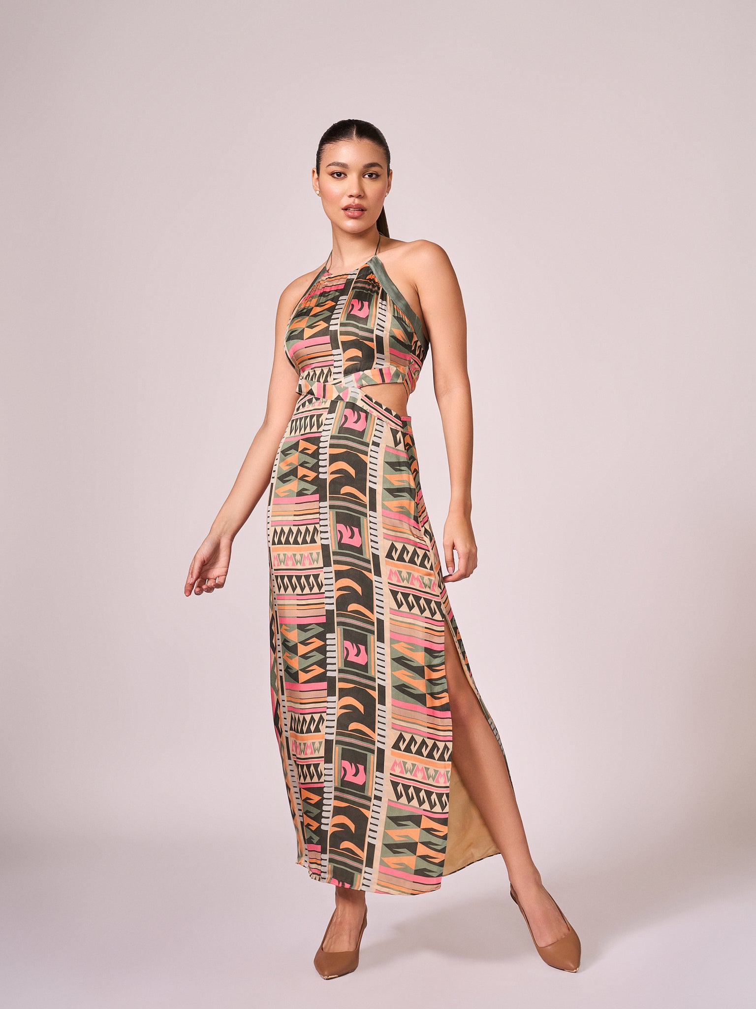 Multi coloured geometric print halter dress