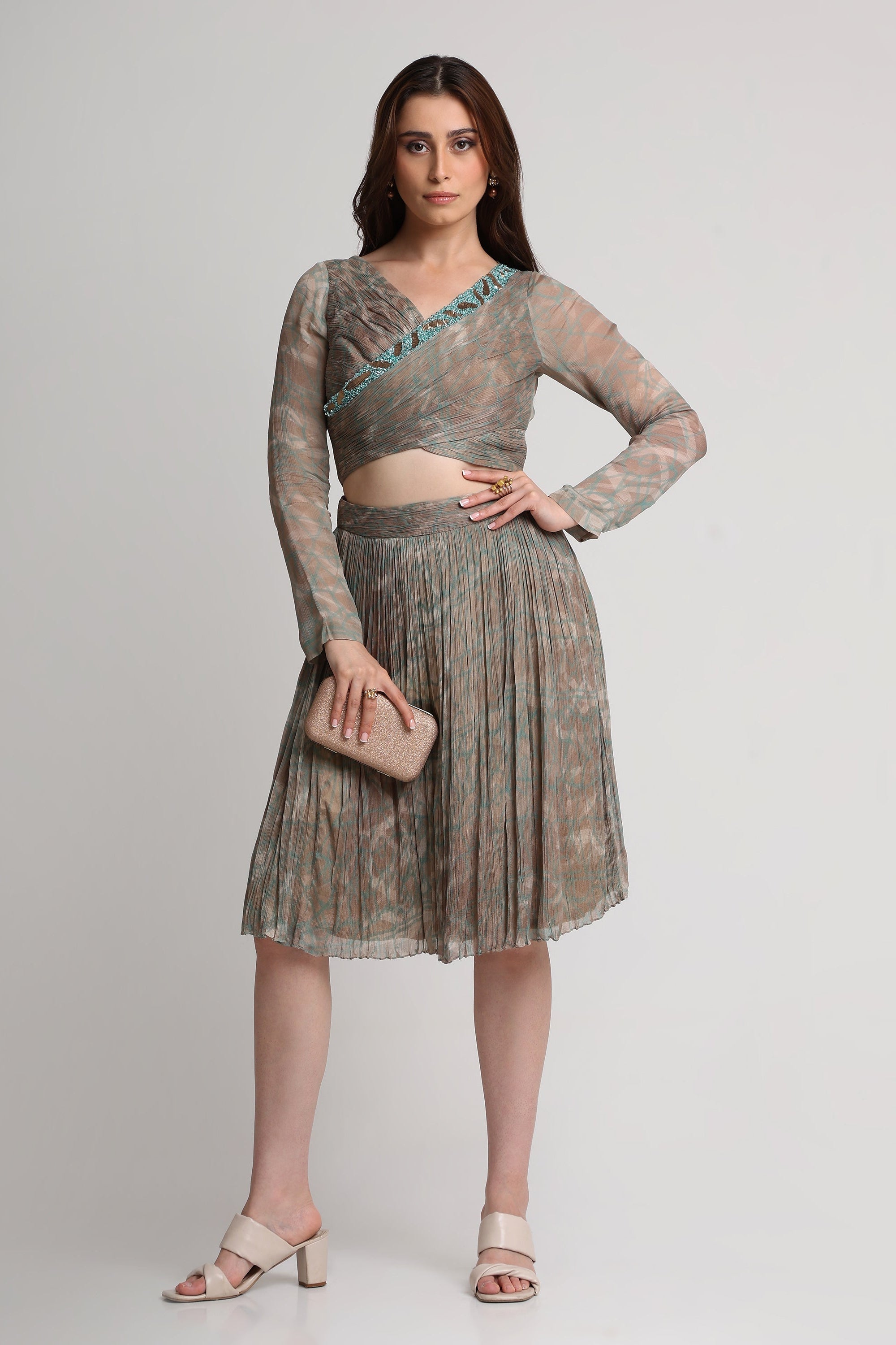 Pearl Mouse Grey Abstract print overlap crop top