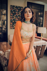 Apricot abstract floral print embroidered lehenga set