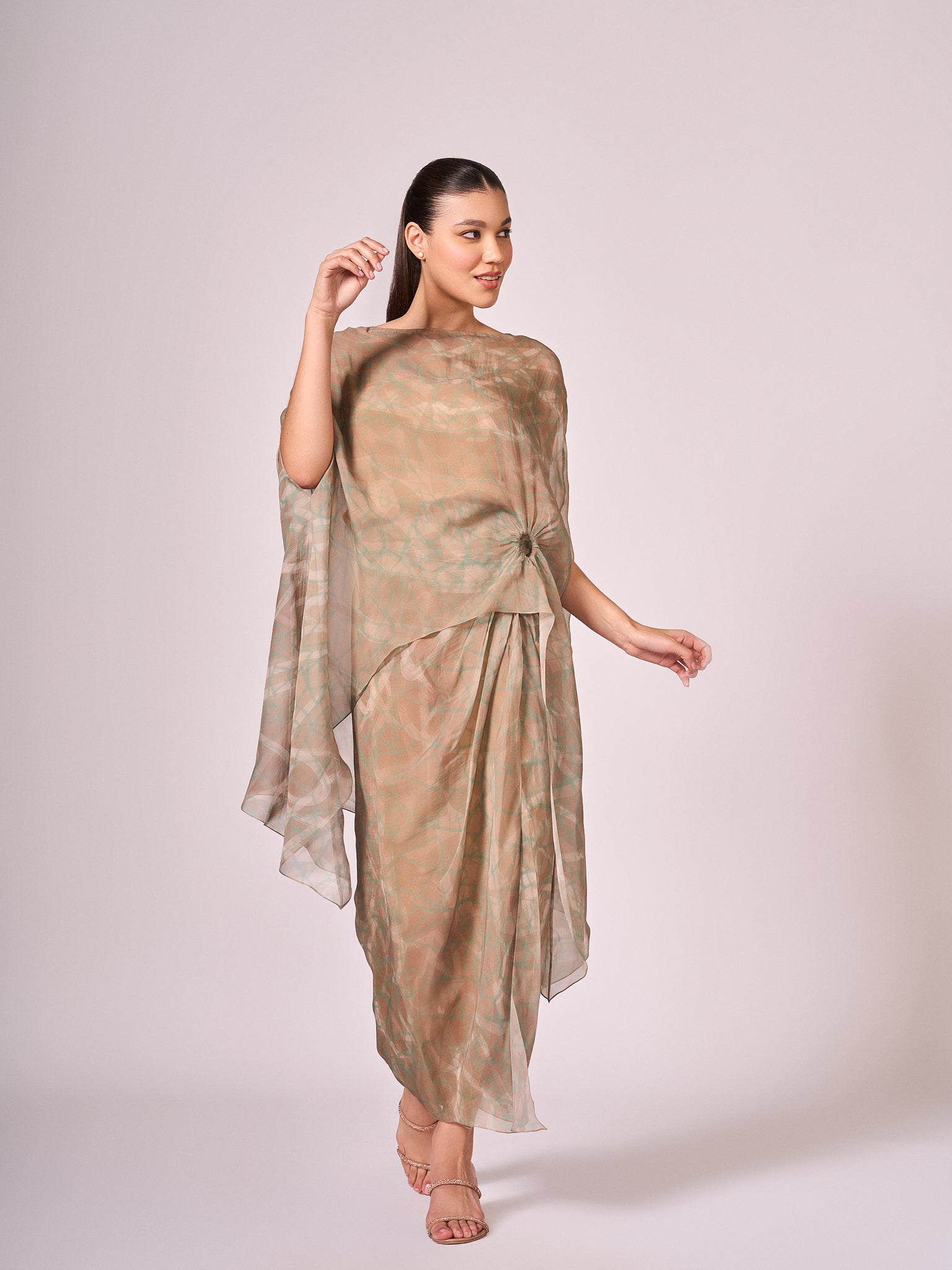 Pearl mouse grey abstract print kaftan top and drape skirt set
