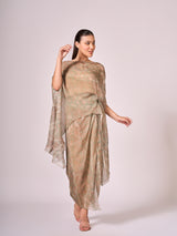 Pearl mouse grey abstract print kaftan top and drape skirt set