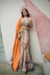 Brown Floral print embroidered lehenga Set