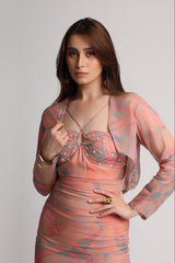 Peach abstract floral print noodle strap midi dress with shrug