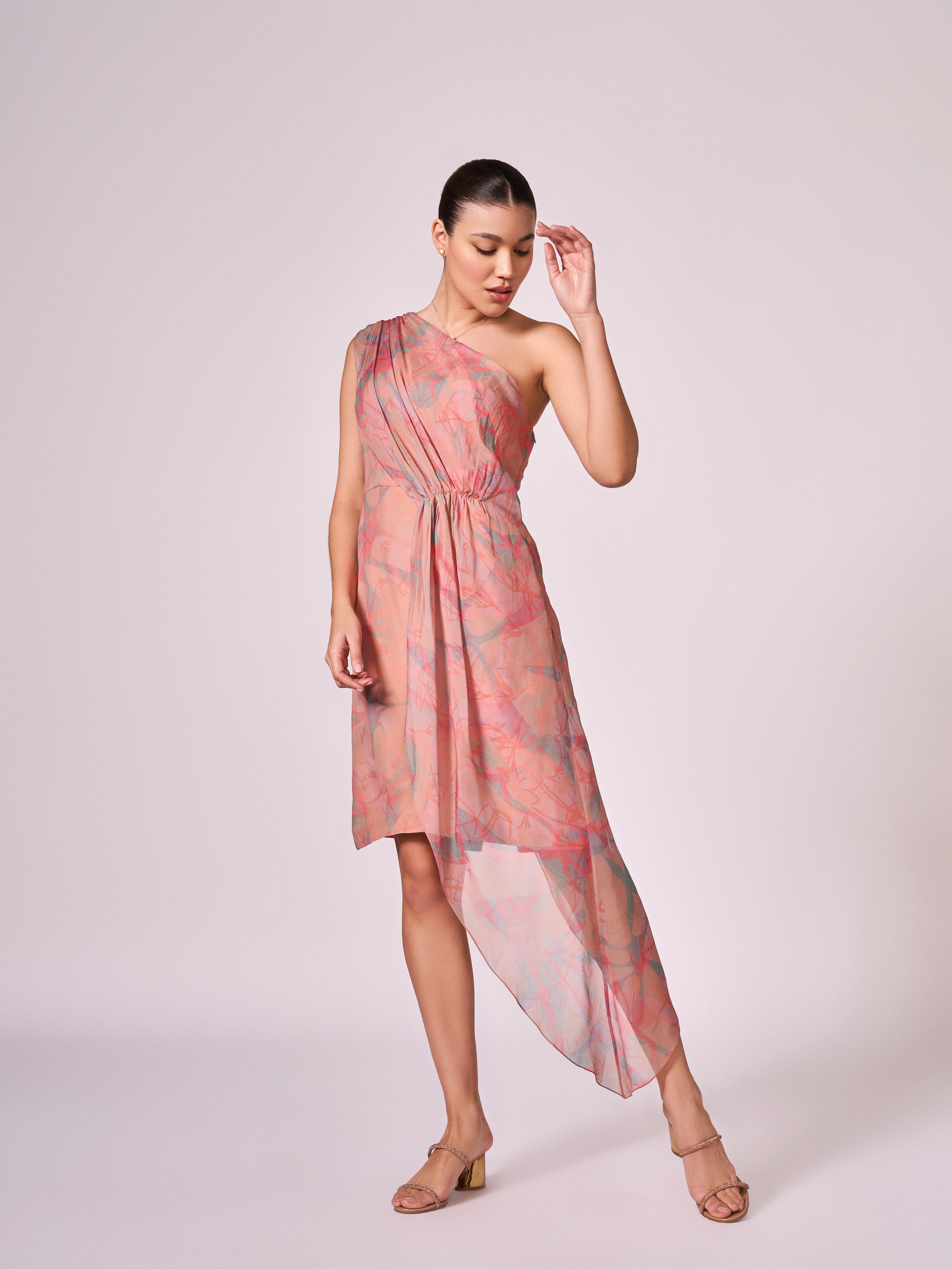 Peach abstract floral print layered  dress
