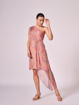 Peach abstract floral print layered  dress