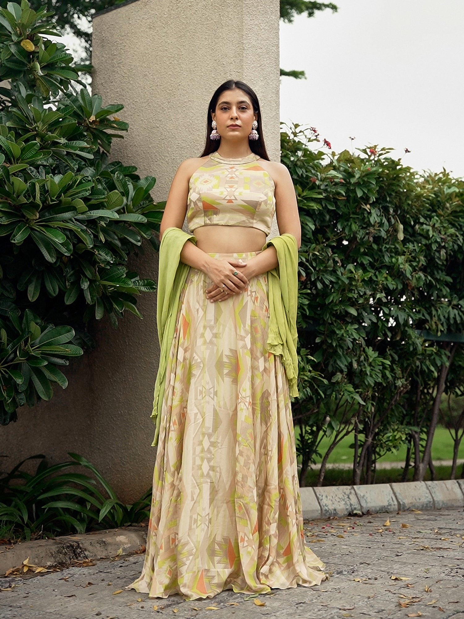 Lime green geometric print  lehenga set