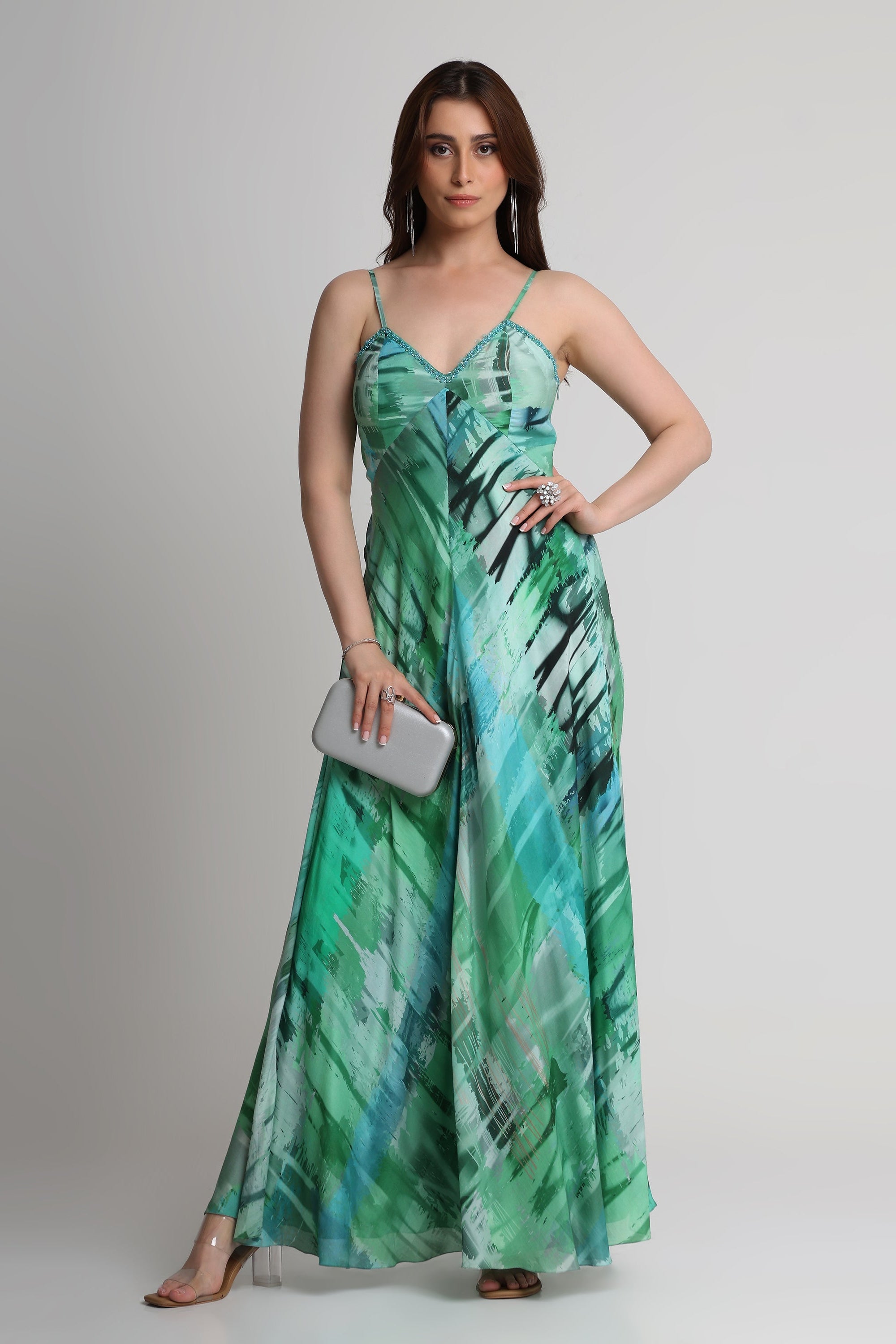 Green Geometric art print maxi dress