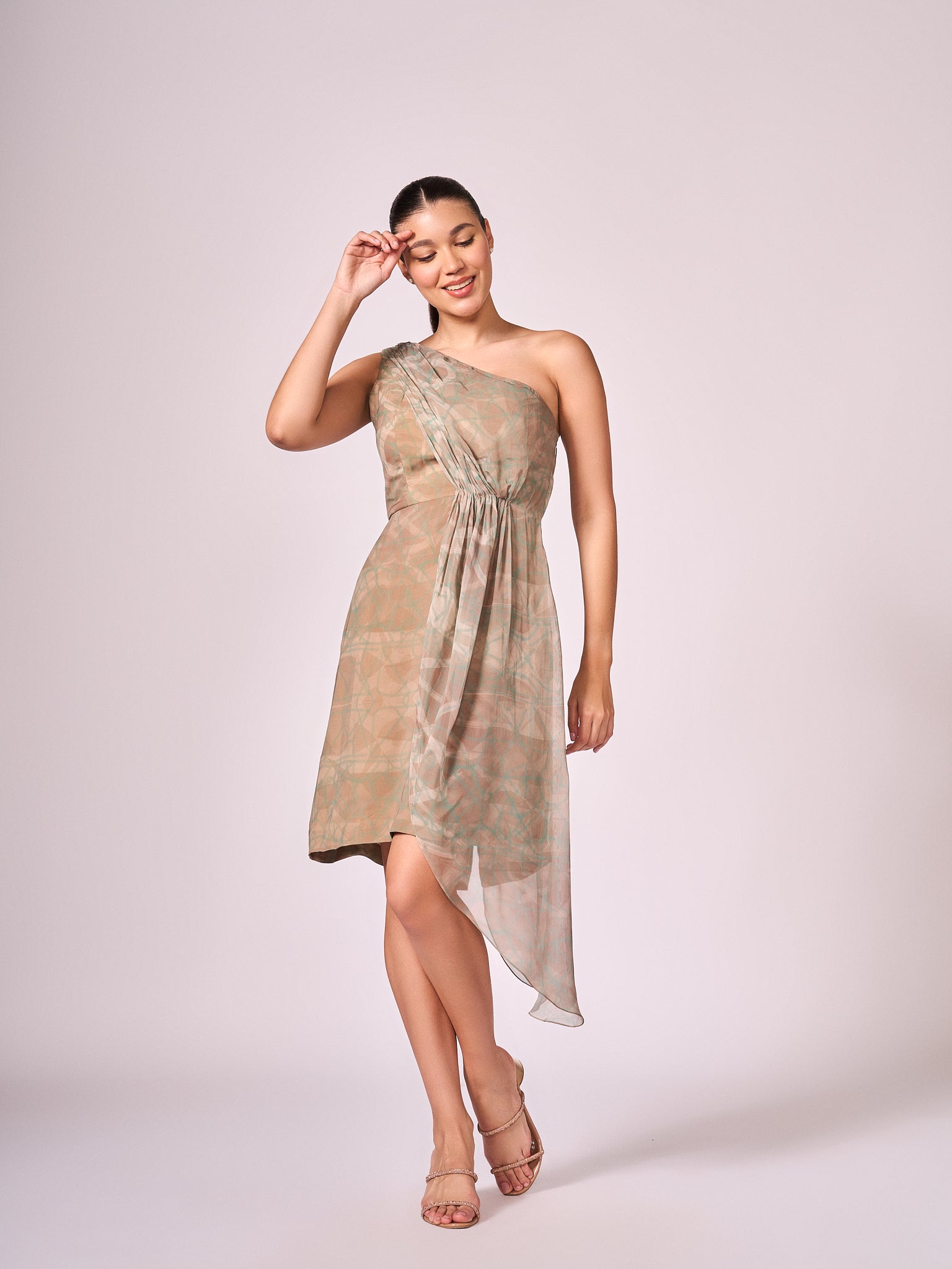 Pearl mouse grey abstract print layered dress