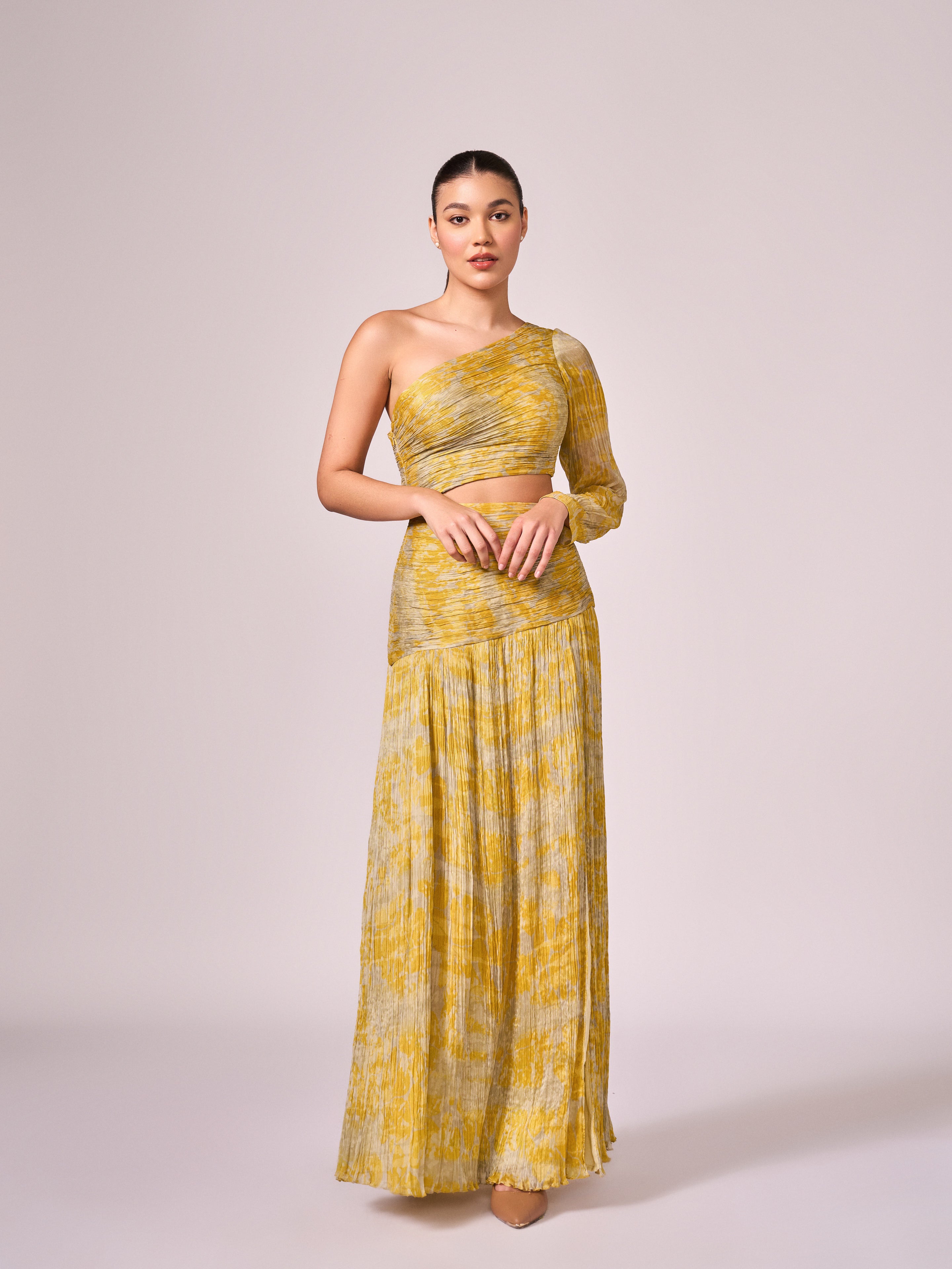 Yellow abstract print long slit dress