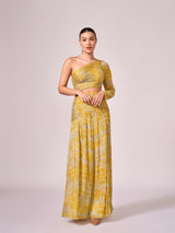 Yellow abstract print long slit dress