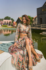 Multi coloured geometric print embroidered lehenga set