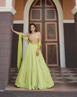 Lime green geometric print embroidered lehenga set