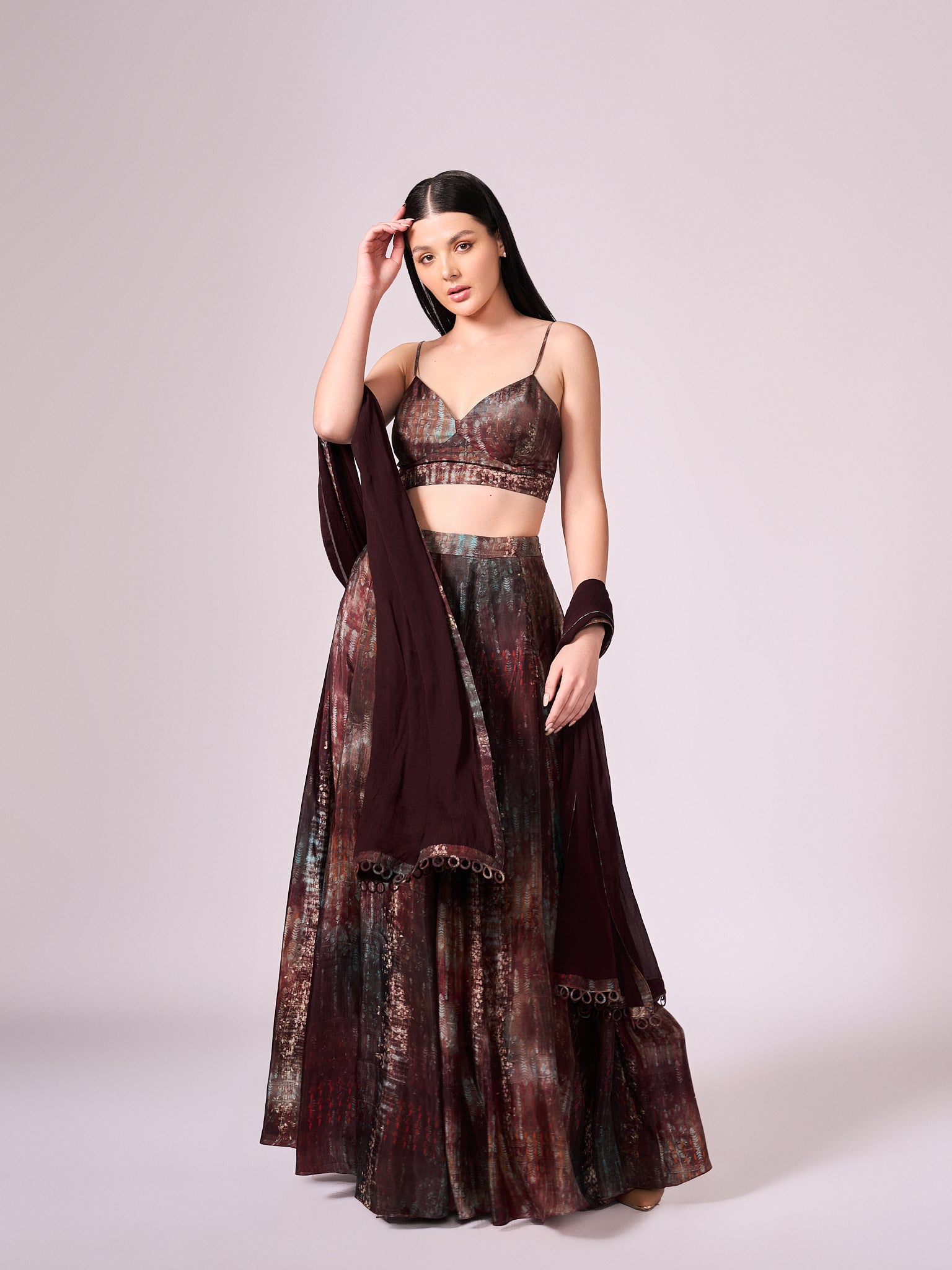 Maroon abstract floral print lehenga set