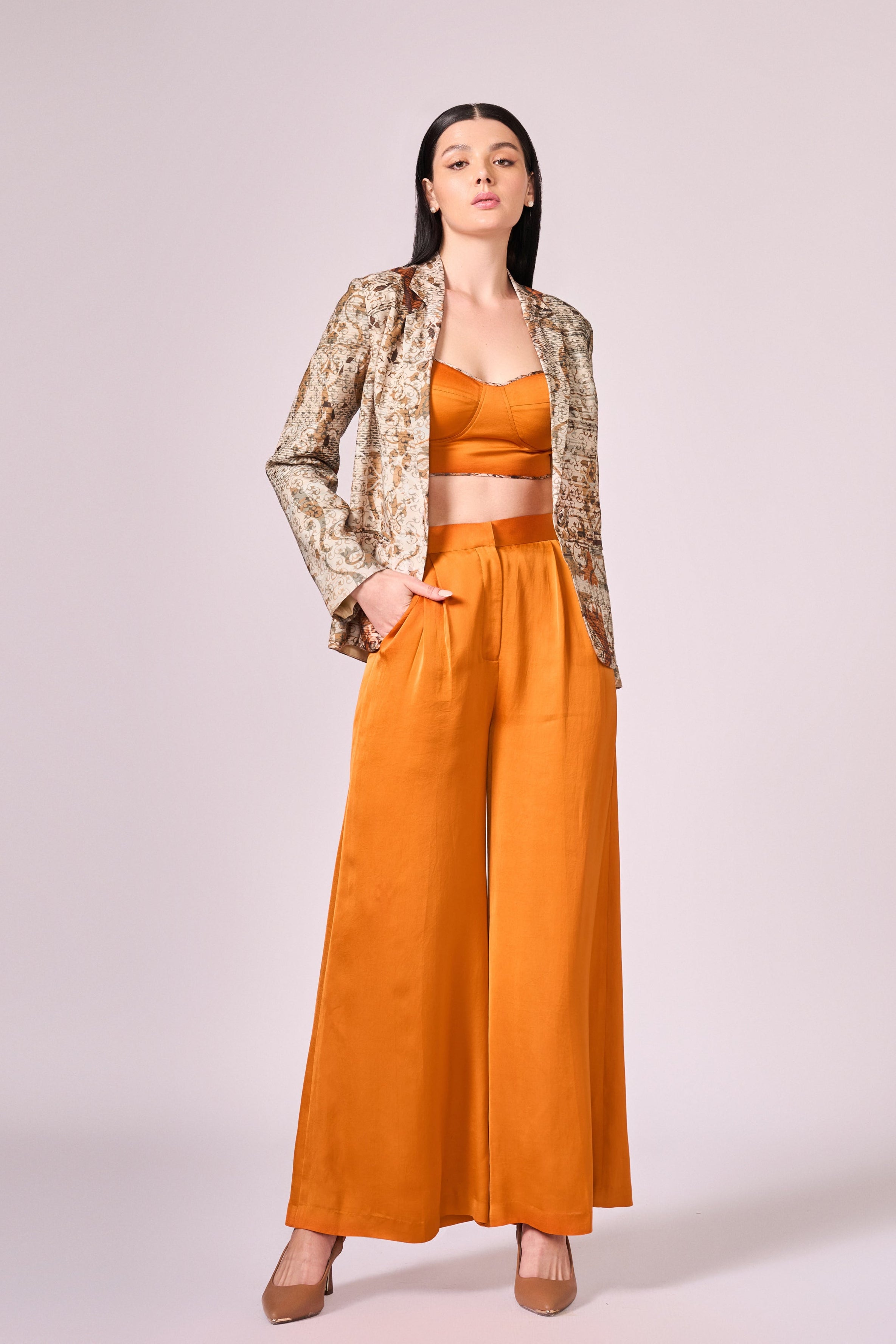Browns abstract floral print jacket, burnt orange bustier and pant set