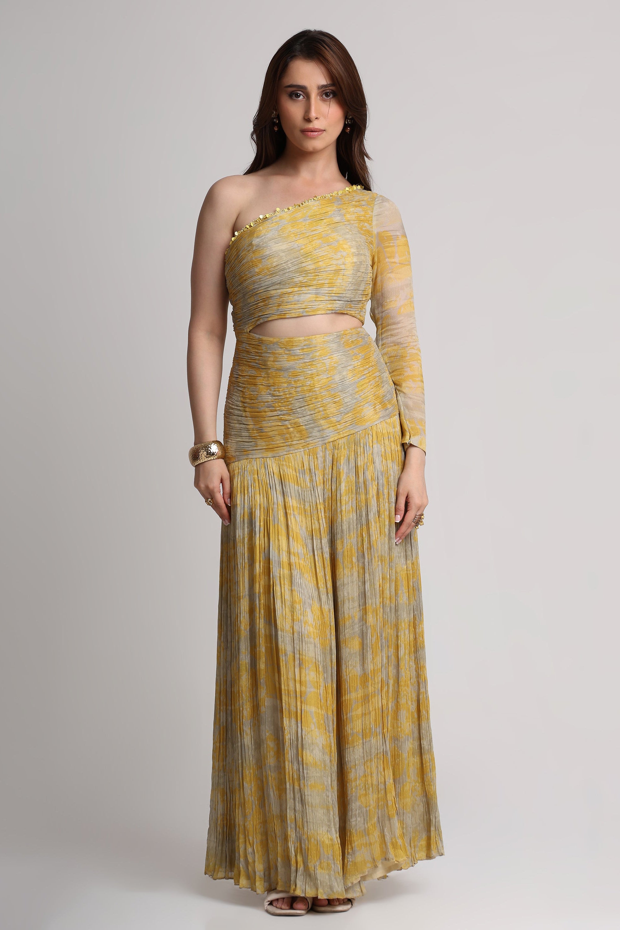 Grey yellow forest print maxi dress